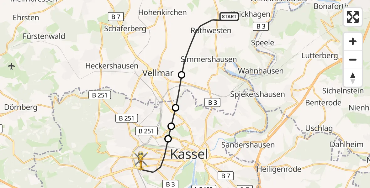 Flugroute Rettungshubschrauber Fuldatal - Kassel, 19 Juli 2026, 18:44