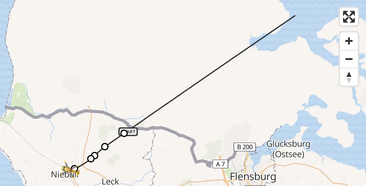 Flugroute Ambulanzhubschrauber Ladelund - Niebüll, 19 Juli 2026, 18:46