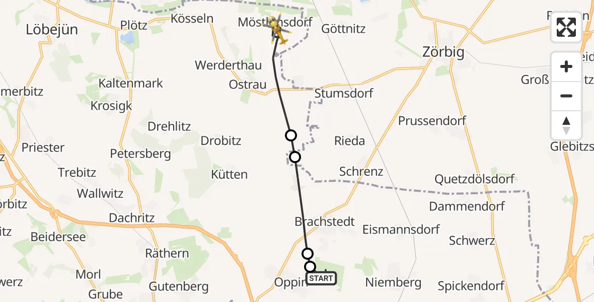 Flugroute Rettungshubschrauber Halle-Oppin Flugplatz - Petersberg, 19 Juli 2026, 18:47