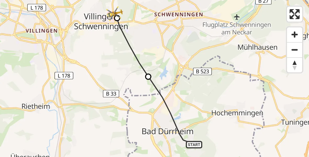 Flugroute Ambulanzhubschrauber Bad Dürrheim - DRF Air Rescue Station Villingen-Schwenningen Hubschrauberlandeplatz (Christoph 11), 19 Juli 2026, 18:54