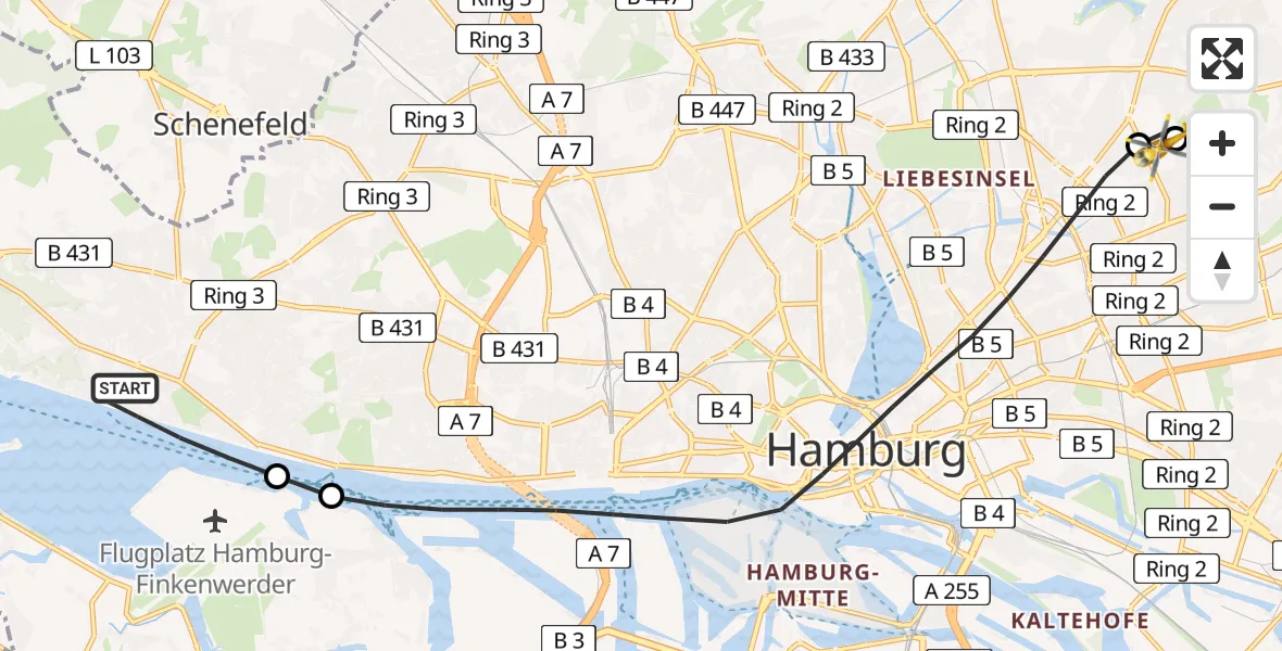 Flugroute Rettungshubschrauber Hamburg - Hamburg Military Hospital, 19 Juli 2026, 18:58