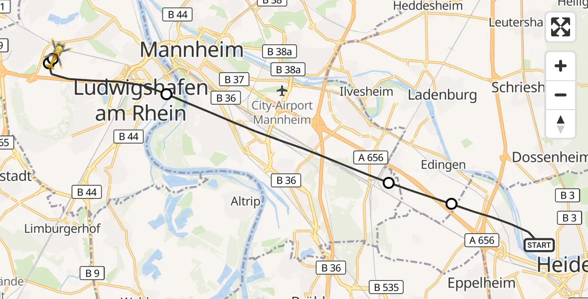 Flugroute Rettungshubschrauber Heidelberg - Ludwigshafen Accident Hospital, 19 Juli 2026, 19:01