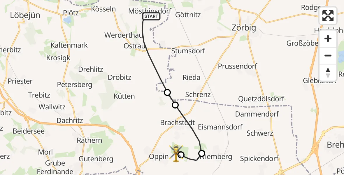 Flugroute Rettungshubschrauber Petersberg - Halle-Oppin Flugplatz, 19 Juli 2026, 19:15