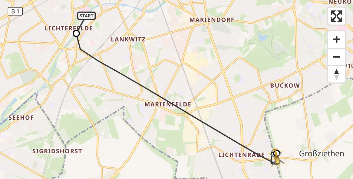 Flugroute Rettungshubschrauber Charité Clinic Benjamin Franklin Campus - Schönefeld, 19 Juli 2026, 19:18