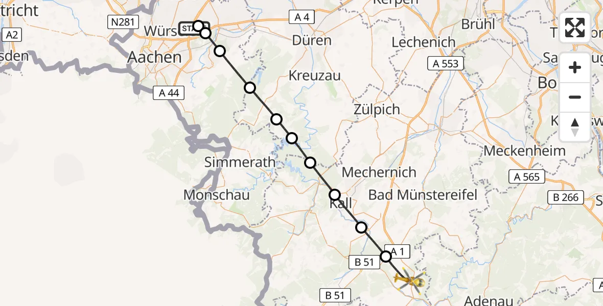Flugroute Rettungshubschrauber Aachen-Merzbrück Flughafen - Blankenheim, 19 Juli 2026, 19:20