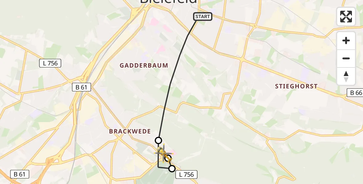 Flugroute Rettungshubschrauber Bielefeld - Luftrettungszentrum Bielefeld, 19 Juli 2026, 19:21