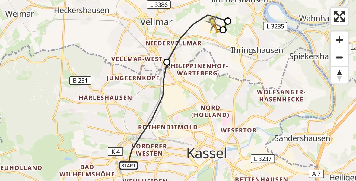 Flugroute Rettungshubschrauber Kassel - Fuldatal Bundespolizei Hubschrauberlandeplatz, 19 Juli 2026, 19:25