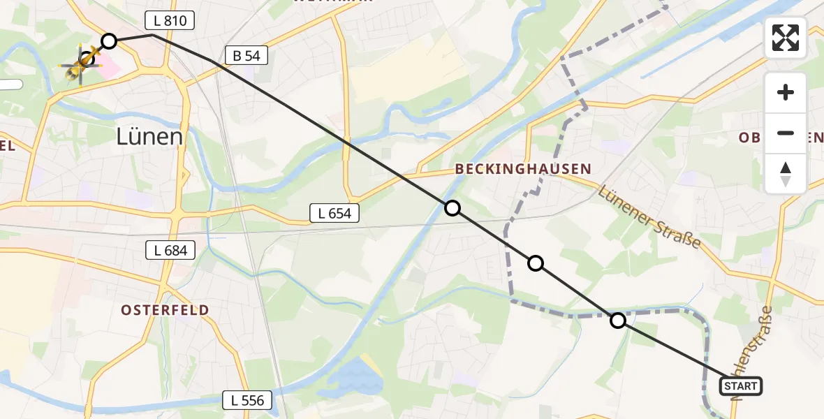 Flugroute Rettungshubschrauber Bergkamen - Sankt Marien Hospital, 19 Juli 2026, 19:30