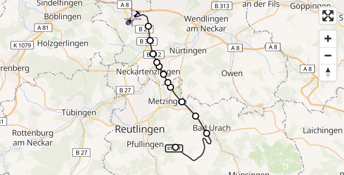 Flugroute Polizeihubschrauber Übersberg Flugplatz - Flughafen Stuttgart, 19 Juli 2026, 19:31