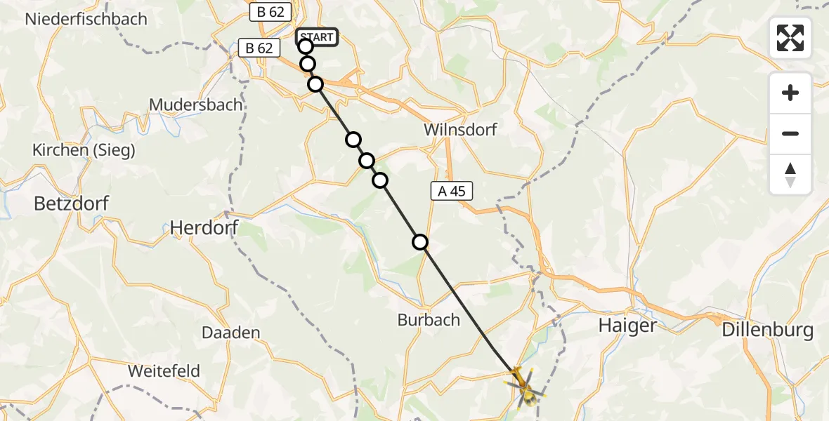 Flugroute Rettungshubschrauber Evangelisches Jung-Stilling Hospital - Burbach, 19 Juli 2026, 19:31