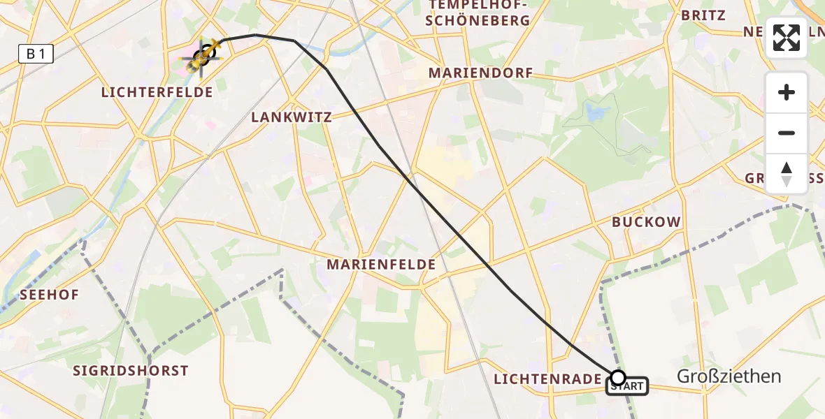 Flugroute Rettungshubschrauber Schönefeld - Charité Clinic Benjamin Franklin Campus, 19 Juli 2026, 19:50