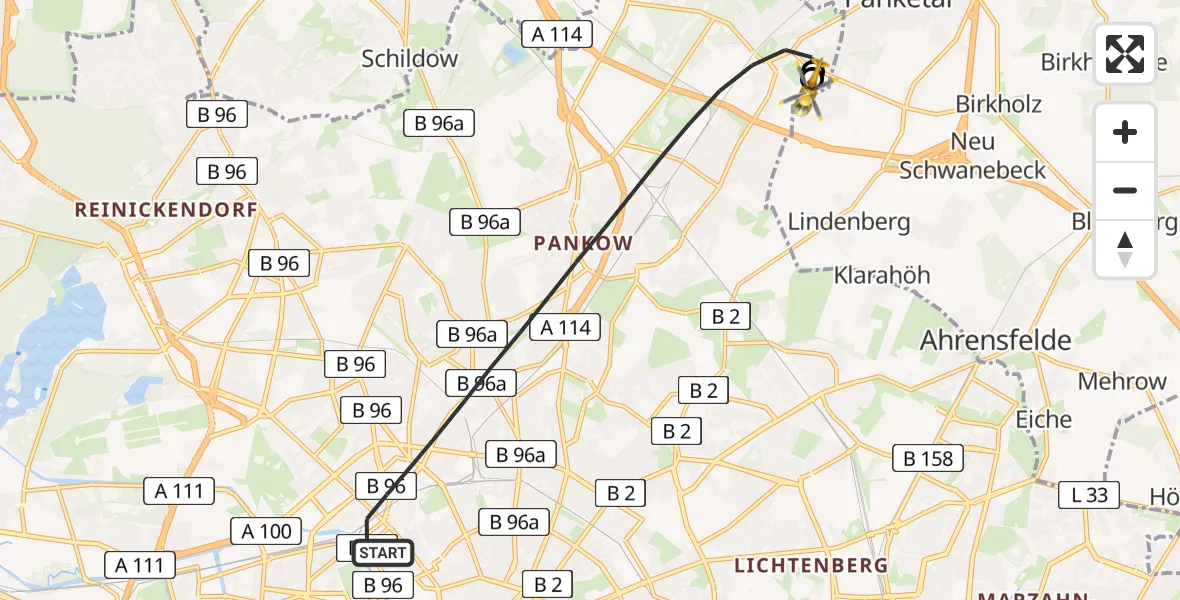 Flugroute Rettungshubschrauber Berlin - Helios Clinic Berlin-Buch, 19 Juli 2026, 19:53