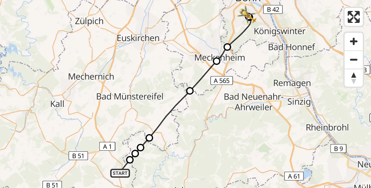 Flugroute Rettungshubschrauber Blankenheim - Bonn University Hospital, 19 Juli 2026, 20:07