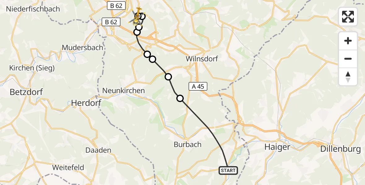 Flugroute Rettungshubschrauber Burbach - Evangelisches Jung-Stilling Hospital, 19 Juli 2026, 21:04