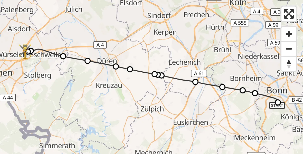 Flugroute Rettungshubschrauber Bonn University Hospital - Aachen-Merzbrück Flughafen, 19 Juli 2026, 21:04