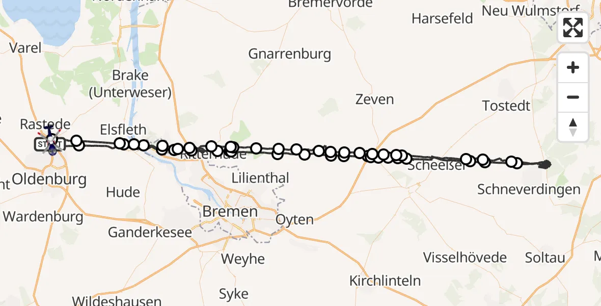 Flugroute Polizeihubschrauber Rastede - Oldenburg Police Hubschrauberlandeplatz, 19 Juli 2026, 21:09
