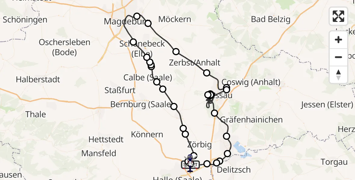 Flugroute Polizeihubschrauber Halle-Oppin Flugplatz - Halle-Oppin Flugplatz, 19 Juli 2026, 21:15
