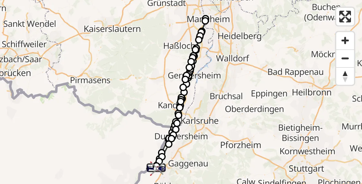 Flugroute Polizeihubschrauber Karlsruhe Baden-Baden Flughafen - Karlsruhe Baden-Baden Flughafen, 19 Juli 2026, 22:22