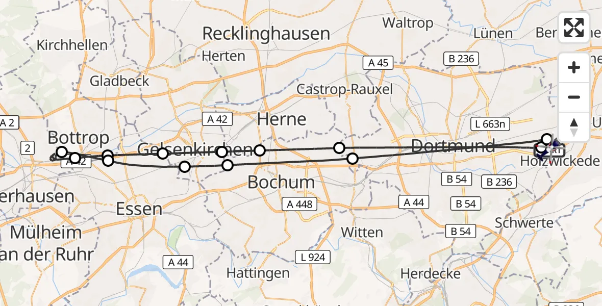Flugroute Polizeihubschrauber Dortmund Flughafen - Dortmund Flughafen, 19 Juli 2026, 22:56