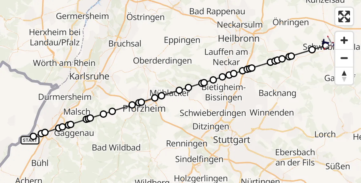 Flugroute Polizeihubschrauber Karlsruhe Baden-Baden Flughafen - Schwäbisch Hall, 20 Juli 2026, 01:49