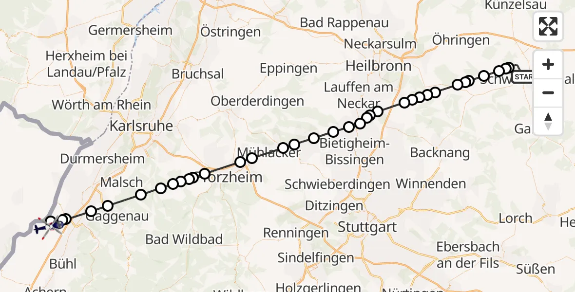 Flugroute Polizeihubschrauber Schwäbisch Hall - Karlsruhe Baden-Baden Flughafen, 20 Juli 2026, 02:35