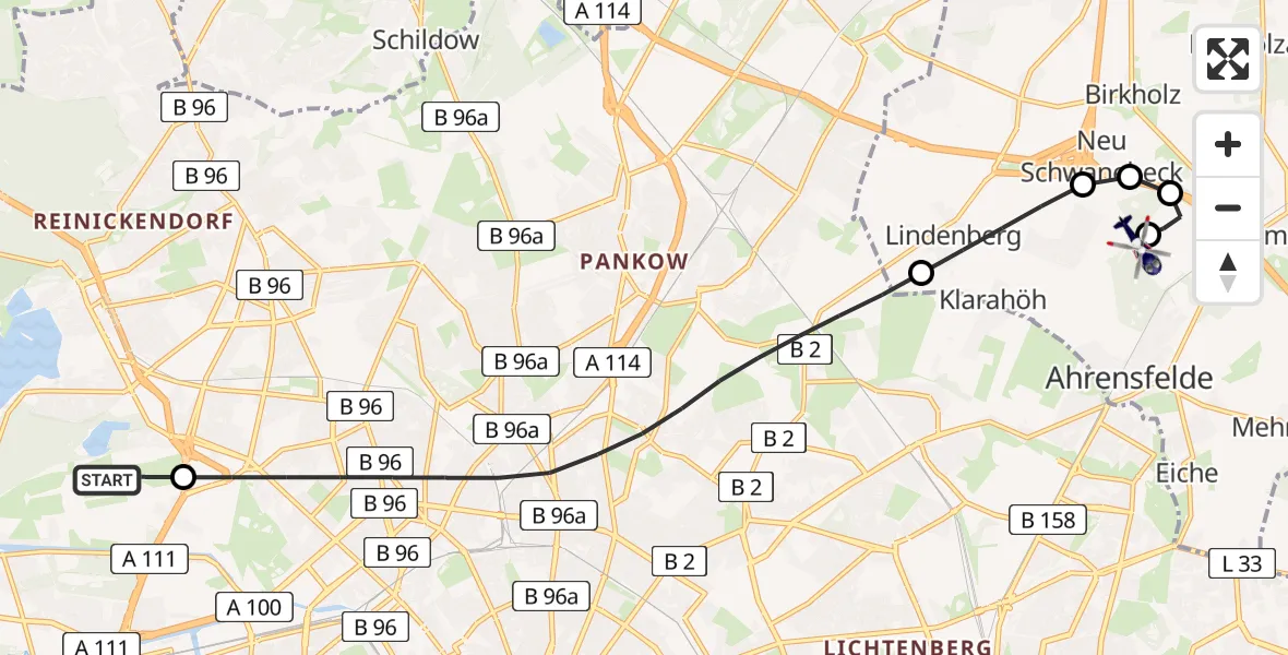 Flugroute Polizeihubschrauber Berlin-Tegel Otto Lilienthal Flughafen - Ahrensfelde Hubschrauberlandeplatz, 20 Juli 2026, 02:38