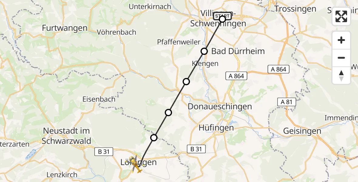Flugroute Ambulanzhubschrauber DRF Air Rescue Station Villingen-Schwenningen Hubschrauberlandeplatz (Christoph 11) - Löffingen, 20 Juli 2026, 03:35