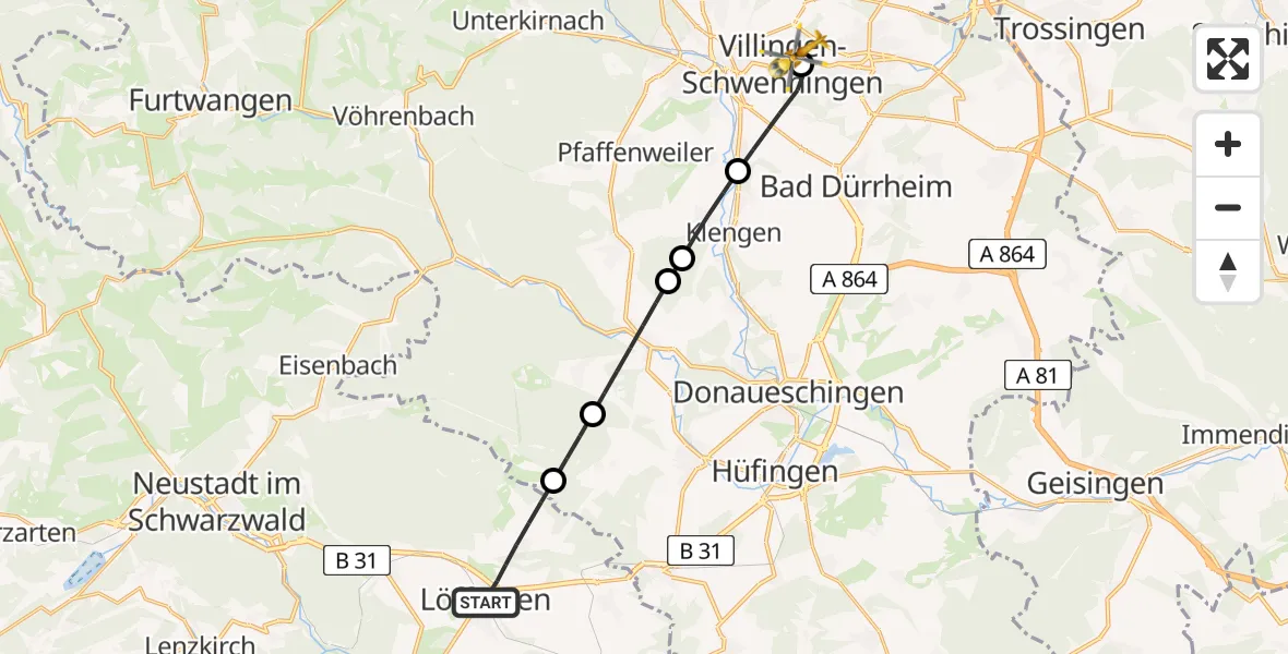 Flugroute Ambulanzhubschrauber Löffingen - DRF Air Rescue Station Villingen-Schwenningen Hubschrauberlandeplatz (Christoph 11), 20 Juli 2026, 04:12