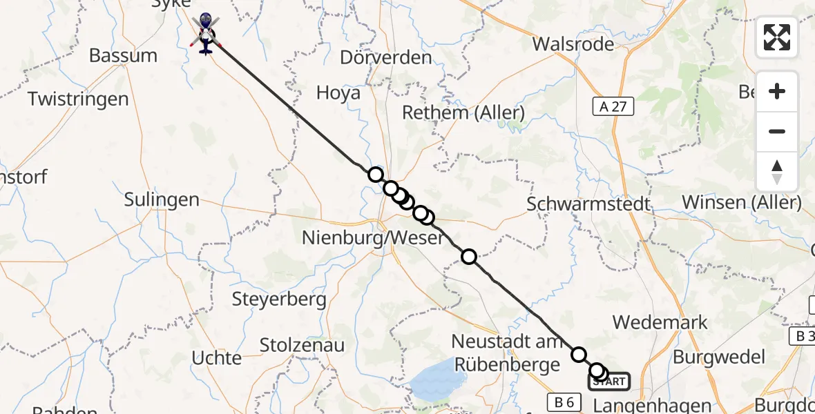 Flugroute Polizeihubschrauber Flughafen Hannover - Syke, 20 Juli 2026, 04:44