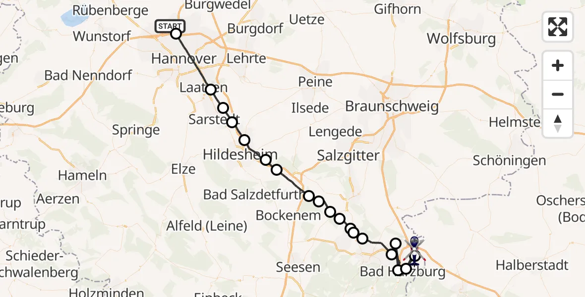 Flugroute Polizeihubschrauber Flughafen Hannover - Goslar, 20 Juli 2026, 04:55