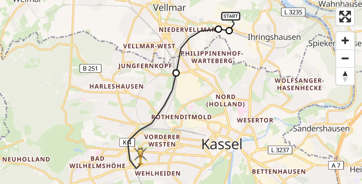 Flugroute Rettungshubschrauber Fuldatal Bundespolizei Hubschrauberlandeplatz - Kassel, 20 Juli 2026, 05:03