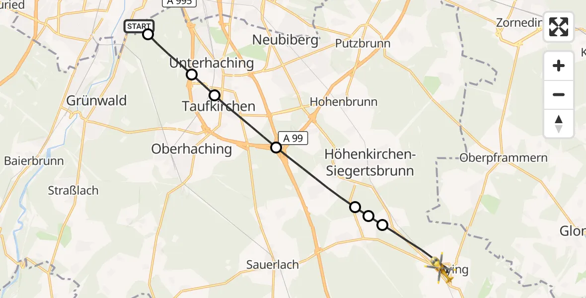 Flugroute Rettungshubschrauber ADAC Air Rescue Center Hubschrauberlandeplatz (Christoph 1) - Aying, 20 Juli 2026, 05:08