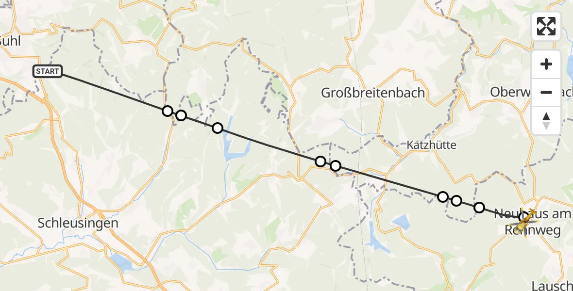 Flugroute Rettungshubschrauber Schleusingen - Regiomed Hospital Neuhaus am Rennweg Hubschrauberlandeplatz, 20 Juli 2026, 05:08
