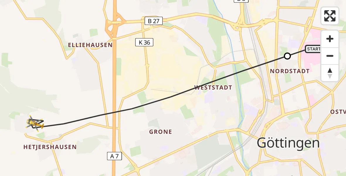Flugroute Rettungshubschrauber Göttingen University Clinic Hubschrauberlandeplatz - Göttingen, 20 Juli 2026, 05:18