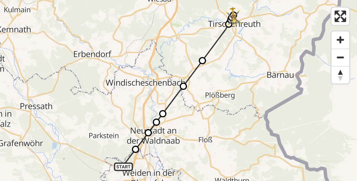 Flugroute Ambulanzhubschrauber Weiden i.d.OPf. - Tirschenreuth Hospital, 20 Juli 2026, 05:20