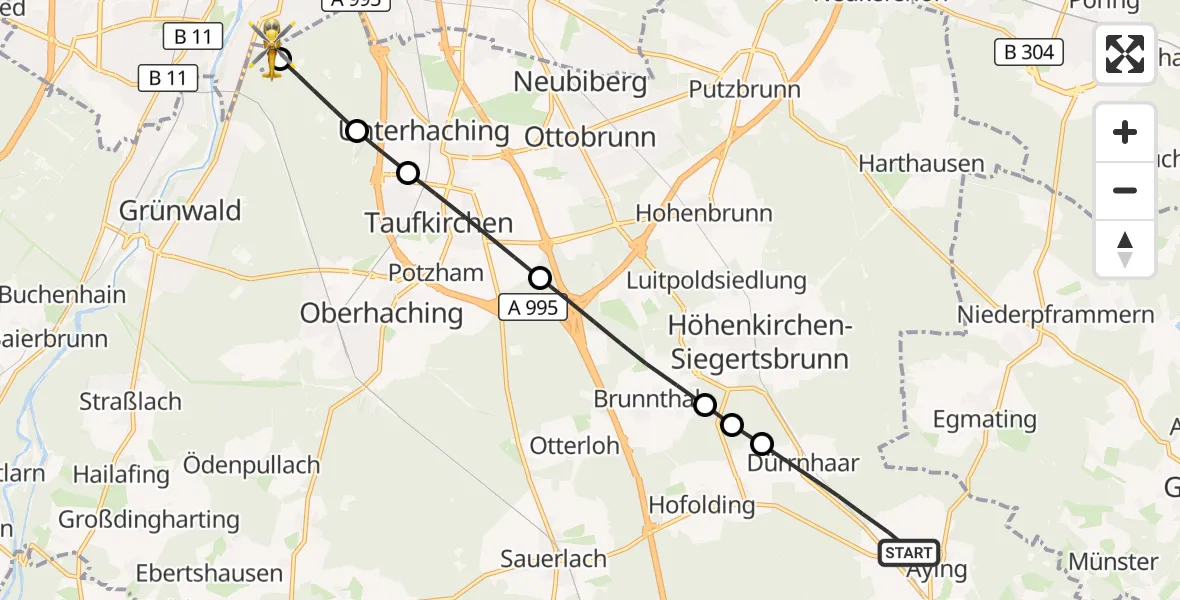 Flugroute Rettungshubschrauber Aying - ADAC Air Rescue Center Hubschrauberlandeplatz (Christoph 1), 20 Juli 2026, 05:46