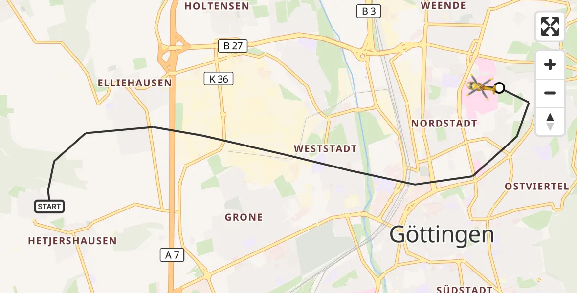 Flugroute Rettungshubschrauber Göttingen - Göttingen University Clinic Hubschrauberlandeplatz, 20 Juli 2026, 05:55