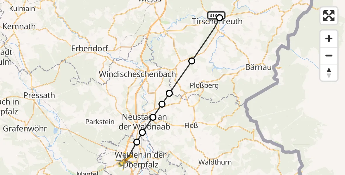 Flugroute Ambulanzhubschrauber Tirschenreuth Hospital - Weiden i.d.OPf., 20 Juli 2026, 05:59