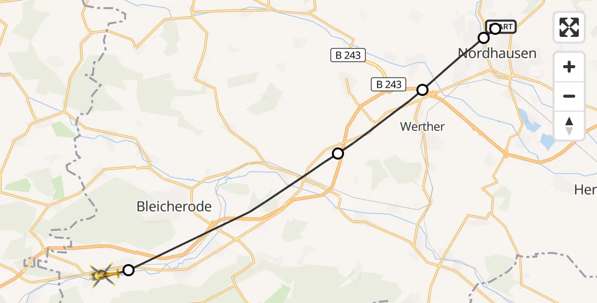 Flugroute Rettungshubschrauber Südharz Hospital Nordhausen - Sollstedt, 20 Juli 2026, 06:24