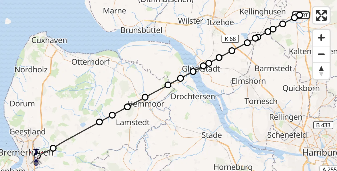 Flugroute Polizeihubschrauber Bad Bramstedt Hubschrauberlandeplatz - Bremerhaven, 20 Juli 2026, 06:27