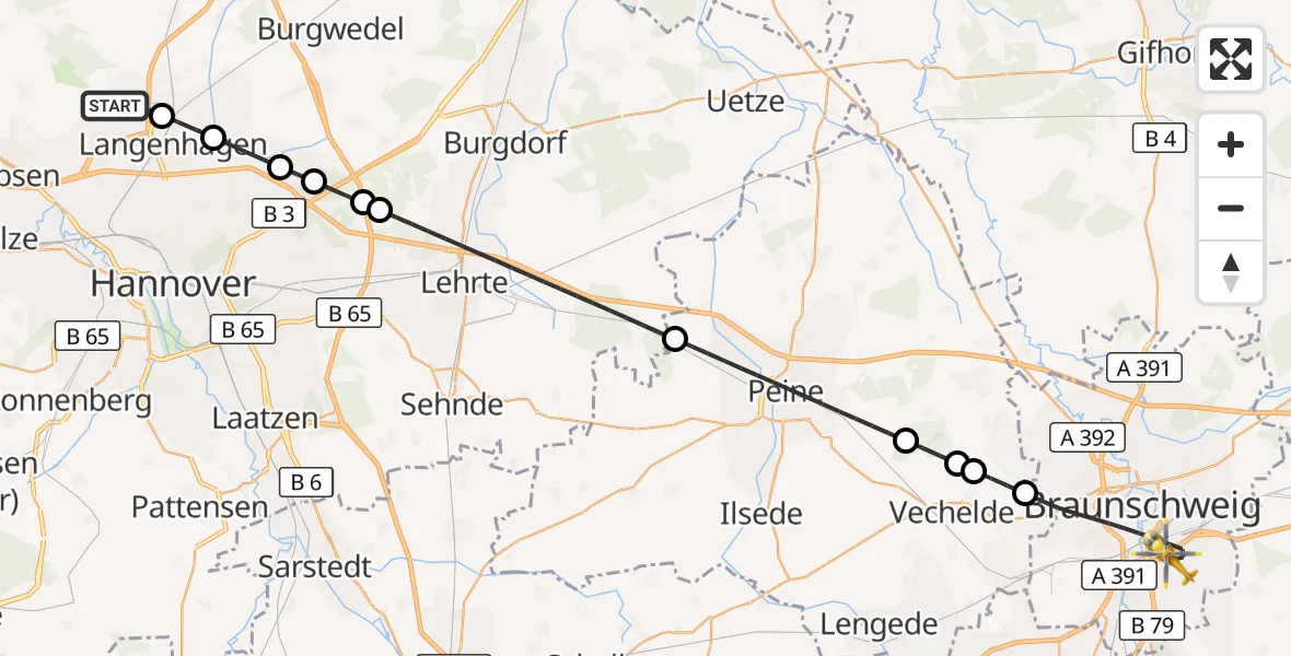 Flugroute Rettungshubschrauber Flughafen Hannover - Braunschweig, 20 Juli 2026, 06:31
