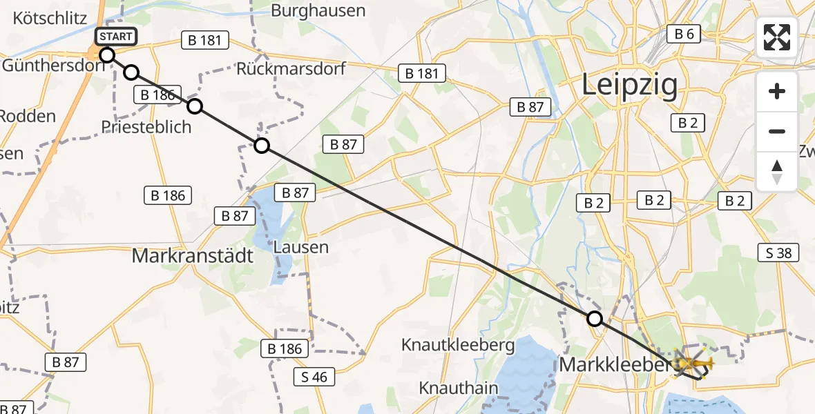 Flugroute Rettungshubschrauber ADAC Air Rescue Station Leipzig/Schkeuditz-Dölzig Hubschrauberlandeplatz (Christoph 61) - Markkleeberg, 20 Juli 2026, 06:35