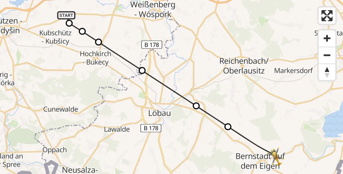 Flugroute Rettungshubschrauber Bautzen Flugplatz - Bernstadt a.d.Eigen, 20 Juli 2026, 06:38