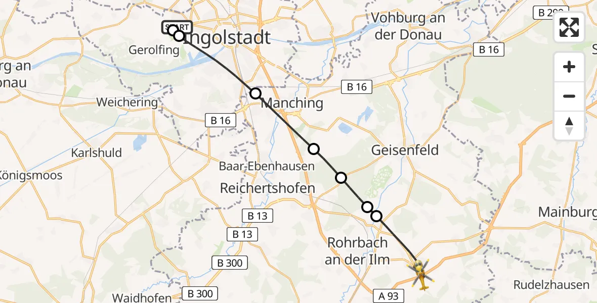 Flugroute Rettungshubschrauber Ingolstadt Hospital - Wolnzach, 20 Juli 2026, 06:38