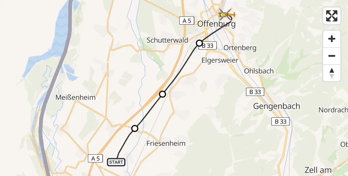 Flugroute Rettungshubschrauber Lahr Flughafen - Offenburg, 20 Juli 2026, 06:45