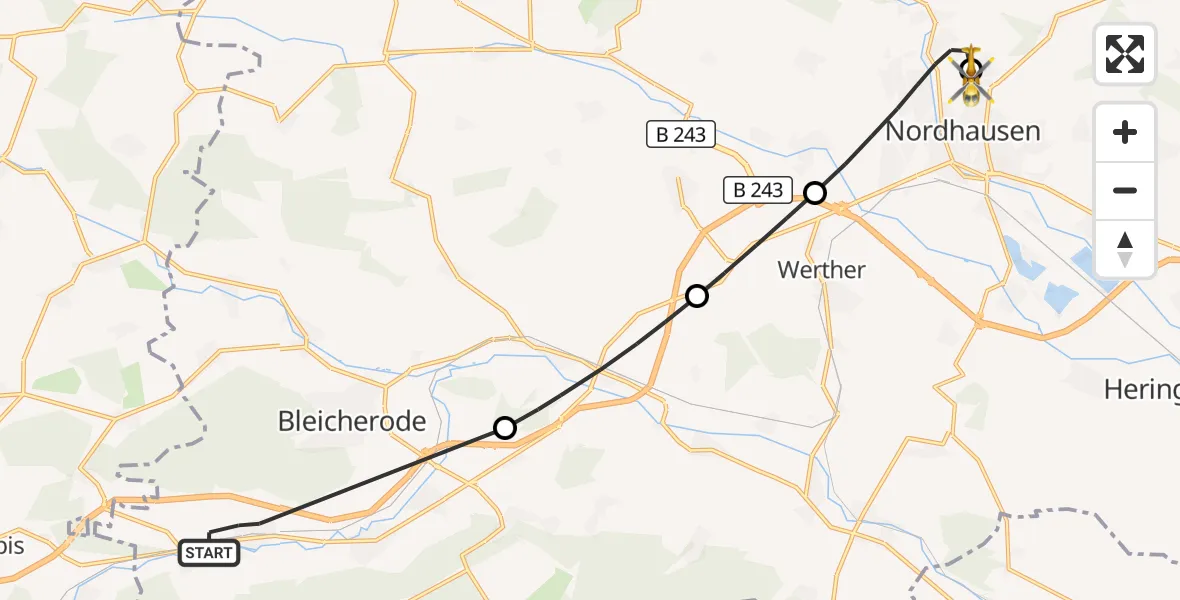 Flugroute Rettungshubschrauber Sollstedt - Südharz Hospital Nordhausen, 20 Juli 2026, 06:53