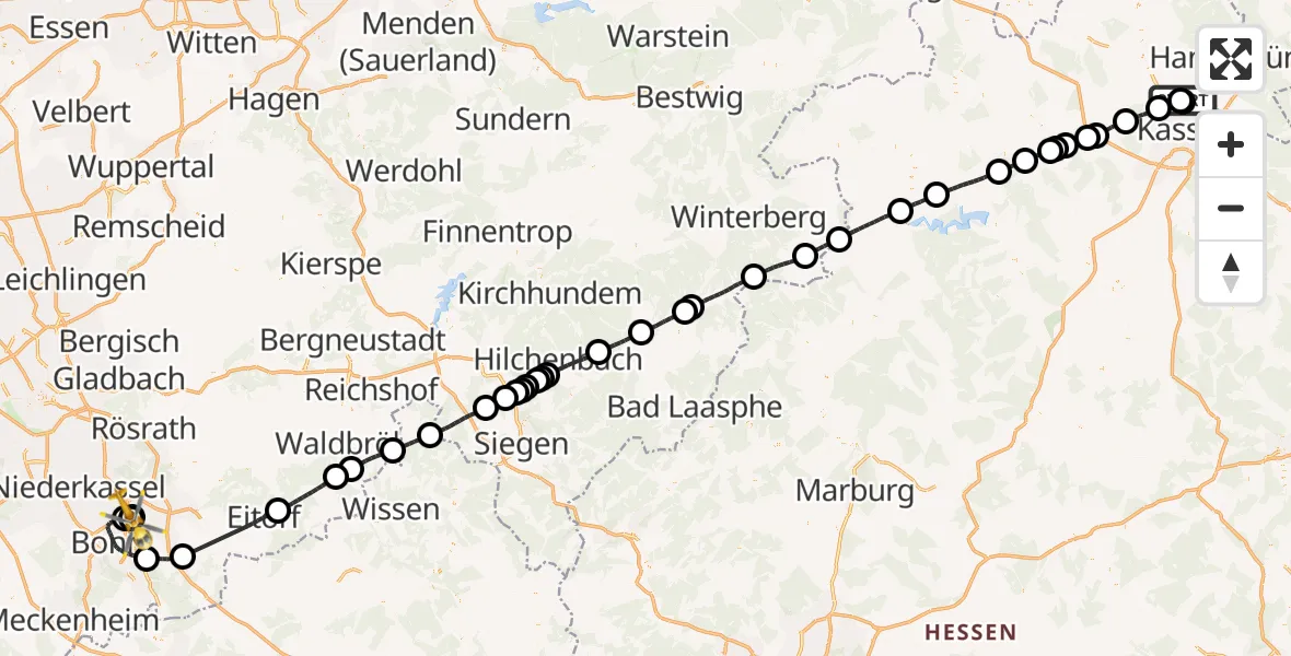 Flugroute Rettungshubschrauber Fuldatal Bundespolizei Hubschrauberlandeplatz - Sankt Augustin, 20 Juli 2026, 06:58