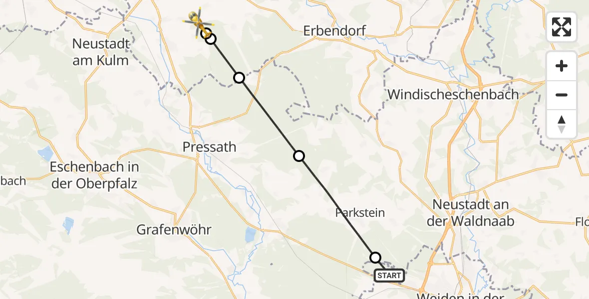 Flugroute Ambulanzhubschrauber Weiden i.d.OPf. - Kastl, 20 Juli 2026, 07:06