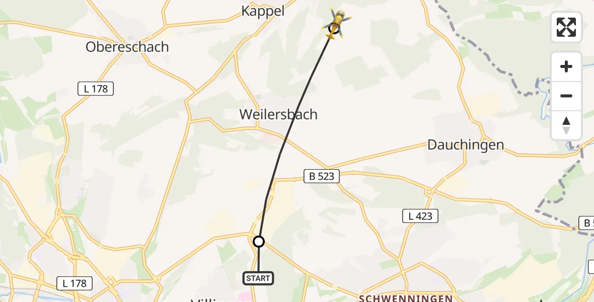 Flugroute Ambulanzhubschrauber DRF Air Rescue Station Villingen-Schwenningen Hubschrauberlandeplatz (Christoph 11) - Niedereschach, 20 Juli 2026, 07:06