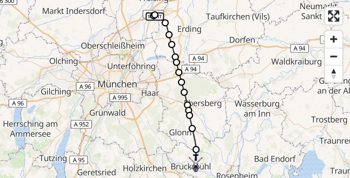 Flugroute Polizeihubschrauber München Flughafen - Bruckmühl, 20 Juli 2026, 07:10